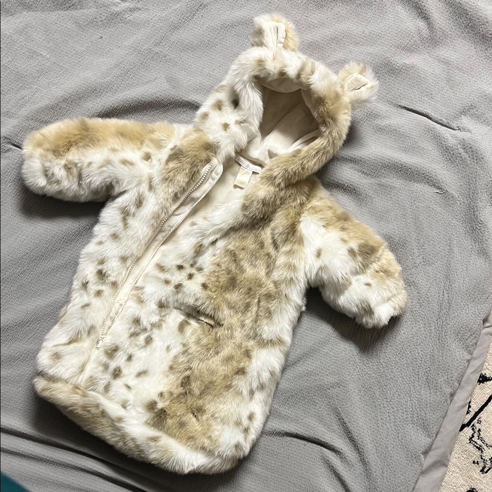 Restoration Hardware Cream and Tan Faux Fur Hooded Baby Bunting